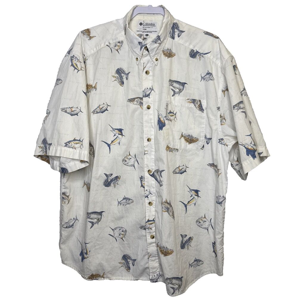 Columbia PFG Mens XL Shirt Short Sleeve Button Up Tan Fish Print Fishing